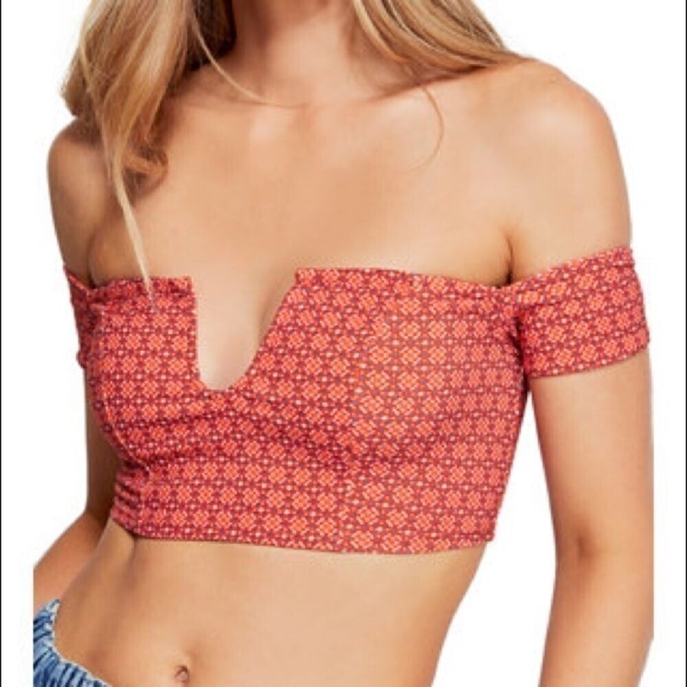 Free People Boho Geometric Print Off-Shoulder Crop Top‎ in Coral Pink - Festival